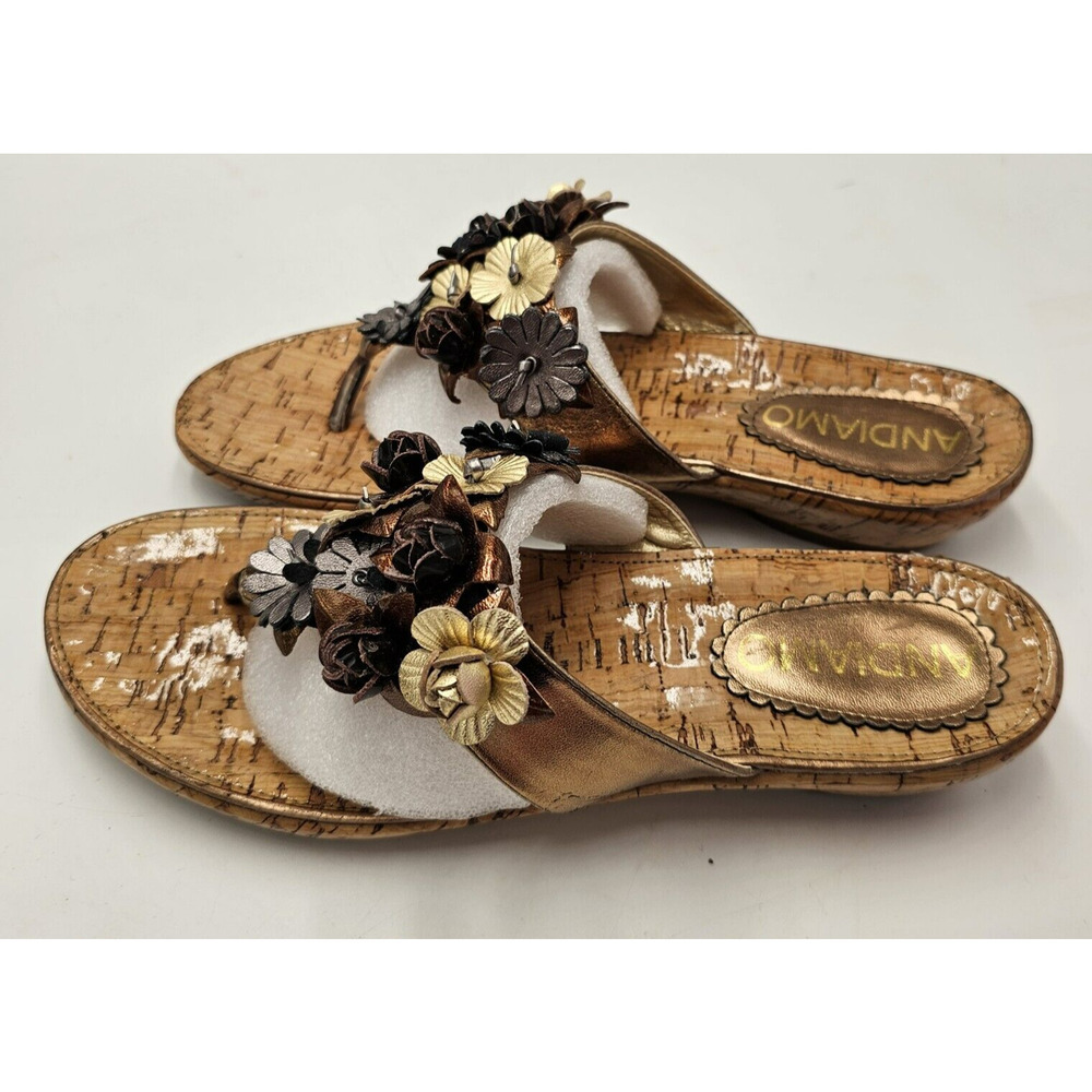 Andiamo Sandals Women Sz 8.5 Slide New Floral Bronze Black Cork Look Metallic - Picture 10 of 11